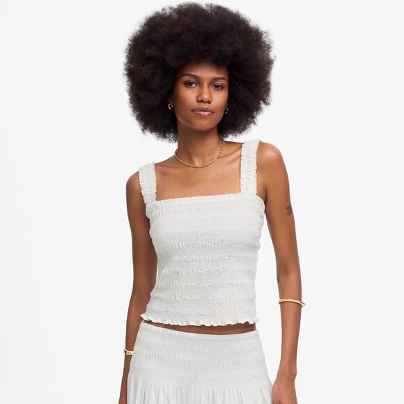 Madewell Poplin Smocked Tank in White, Size X-Large - Picture 1 of 12